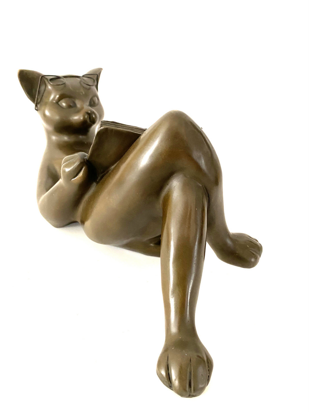 Animal ludique bronze couché chat en bronze lisant un livre serre-livres 3 kg