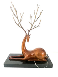 Tierfigur in Bronze -Bronzefigur - Hirsch auf Marmorplattel signiert Milo