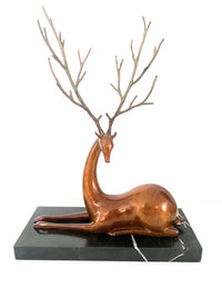 Tierfigur in Bronze -Bronzefigur - Hirsch auf Marmorplattel signiert Milo