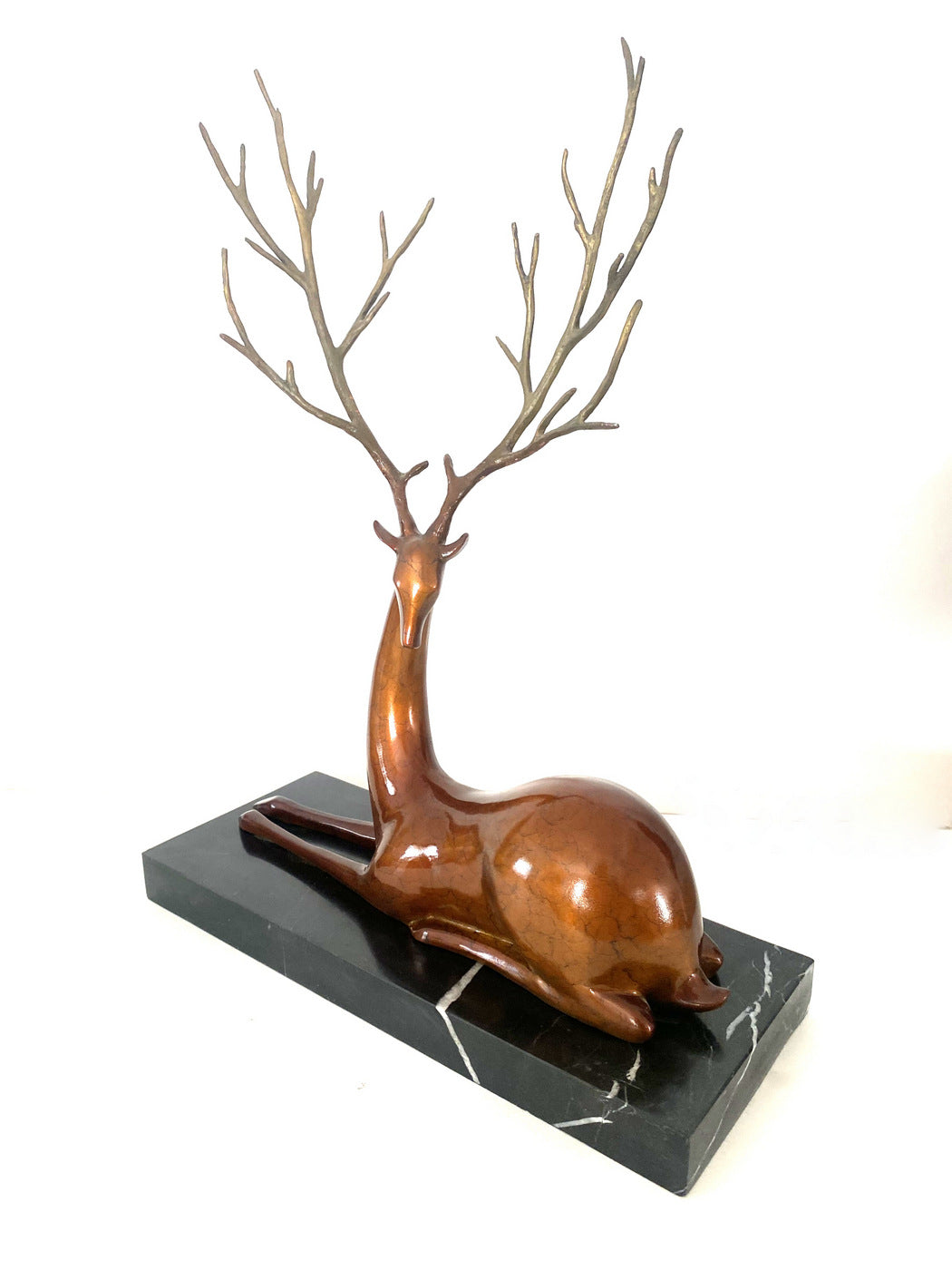 Tierfigur in Bronze -Bronzefigur - Hirsch auf Marmorplattel signiert Milo