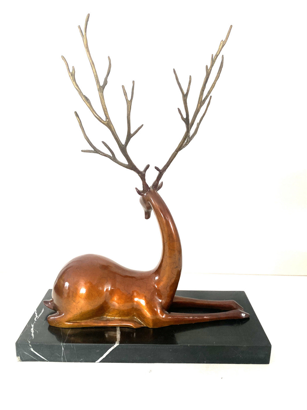 Tierfigur in Bronze -Bronzefigur - Hirsch auf Marmorplattel signiert Milo