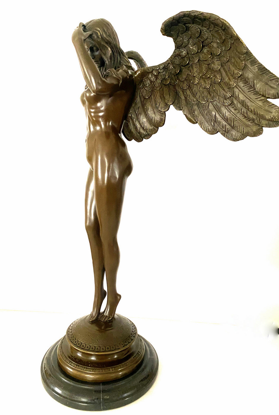 Large bronze angel signed Weinmann on marble base