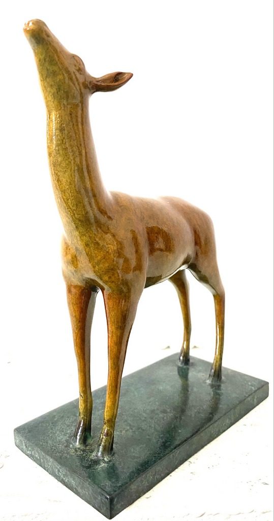 Bronze figure - deer on bronze plate with artist signature Milo