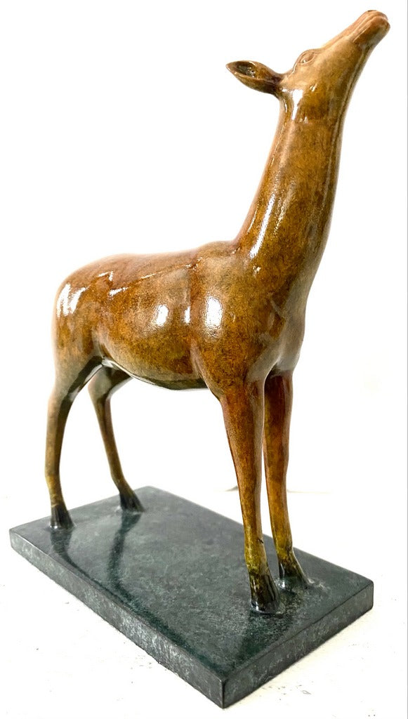 Bronze figure - deer on bronze plate with artist signature Milo