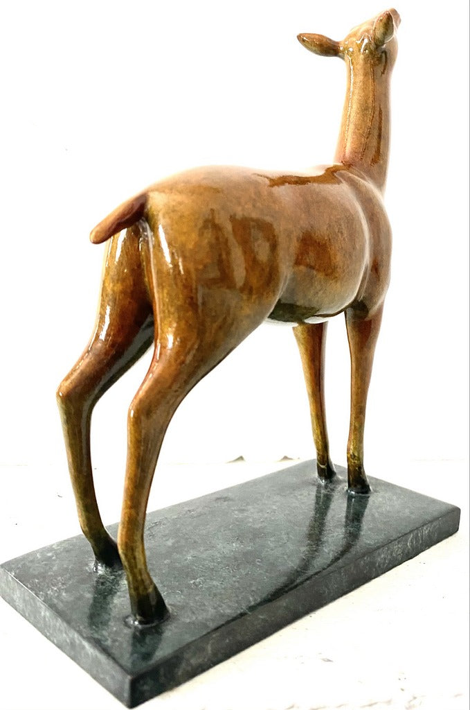 Bronze figure - deer on bronze plate with artist signature Milo