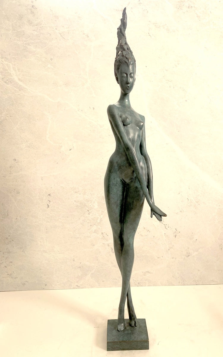 Large bronze statue -nude with artist signature on wooden base