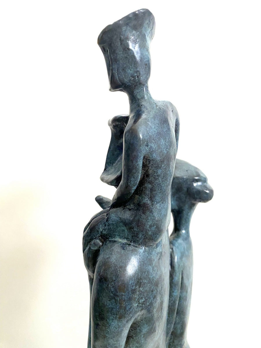Abstrakte Bronzefigur - Familie mit Künstlesignatur auf Marmor Handgefertigt