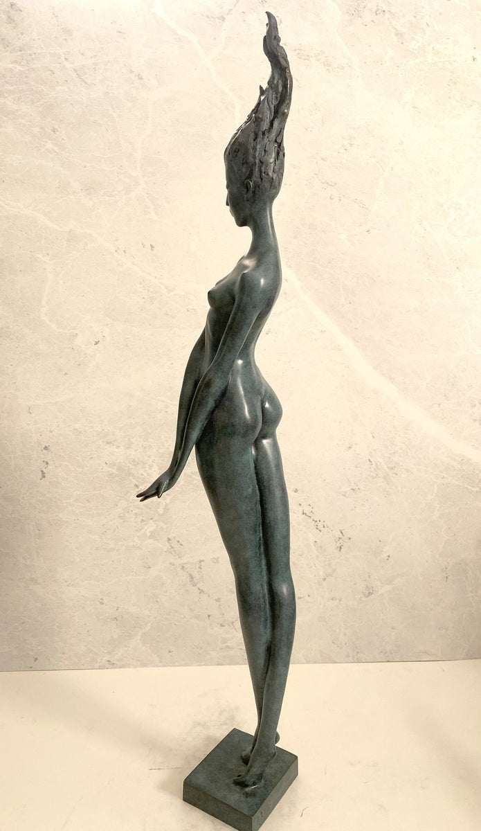Large bronze statue -nude with artist signature on wooden base