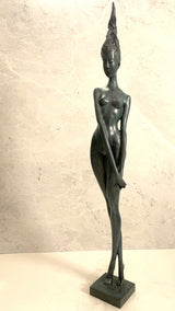 Large bronze statue -nude with artist signature on wooden base