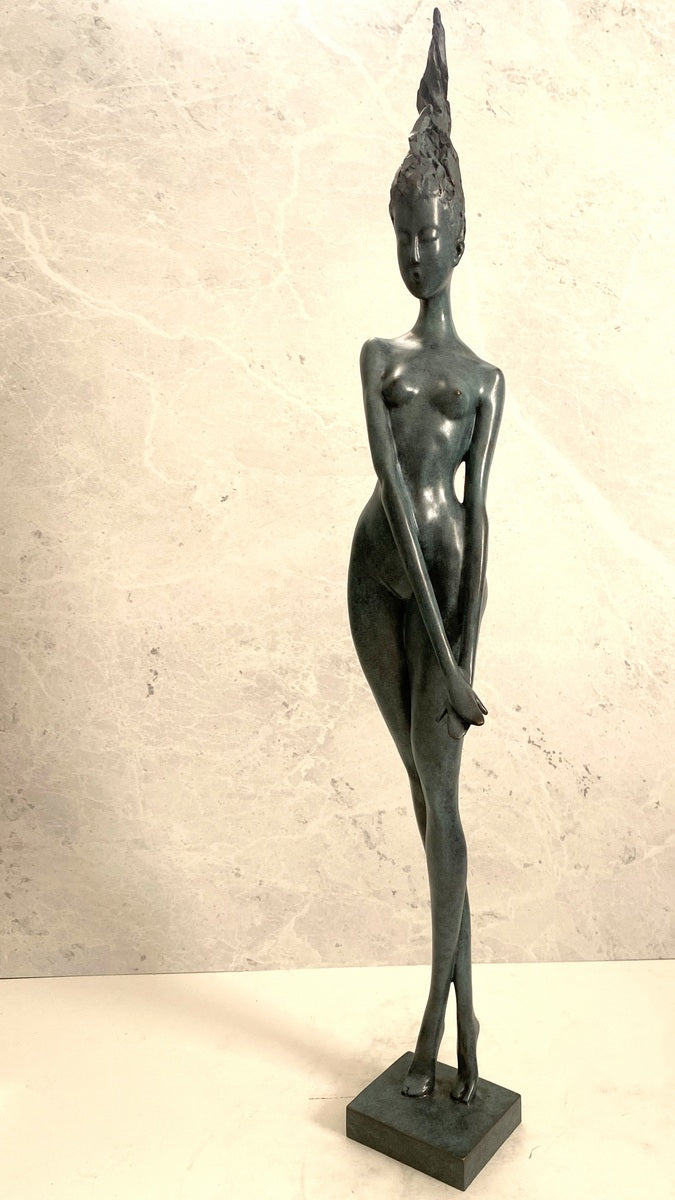 Large bronze statue -nude with artist signature on wooden base