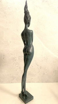 Large bronze statue -nude with artist signature on wooden base