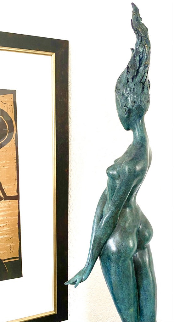 Large bronze statue -nude with artist signature on wooden base