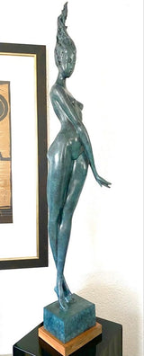 Large bronze statue -nude with artist signature on wooden base