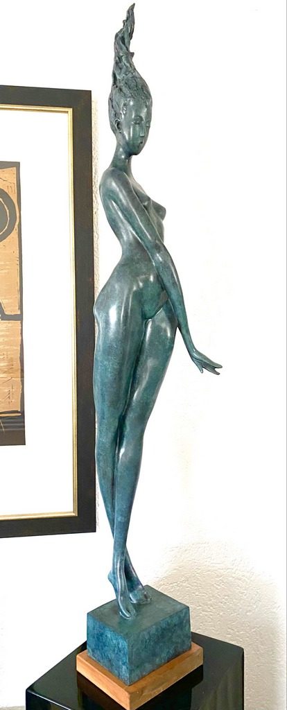 Large bronze statue -nude with artist signature on wooden base