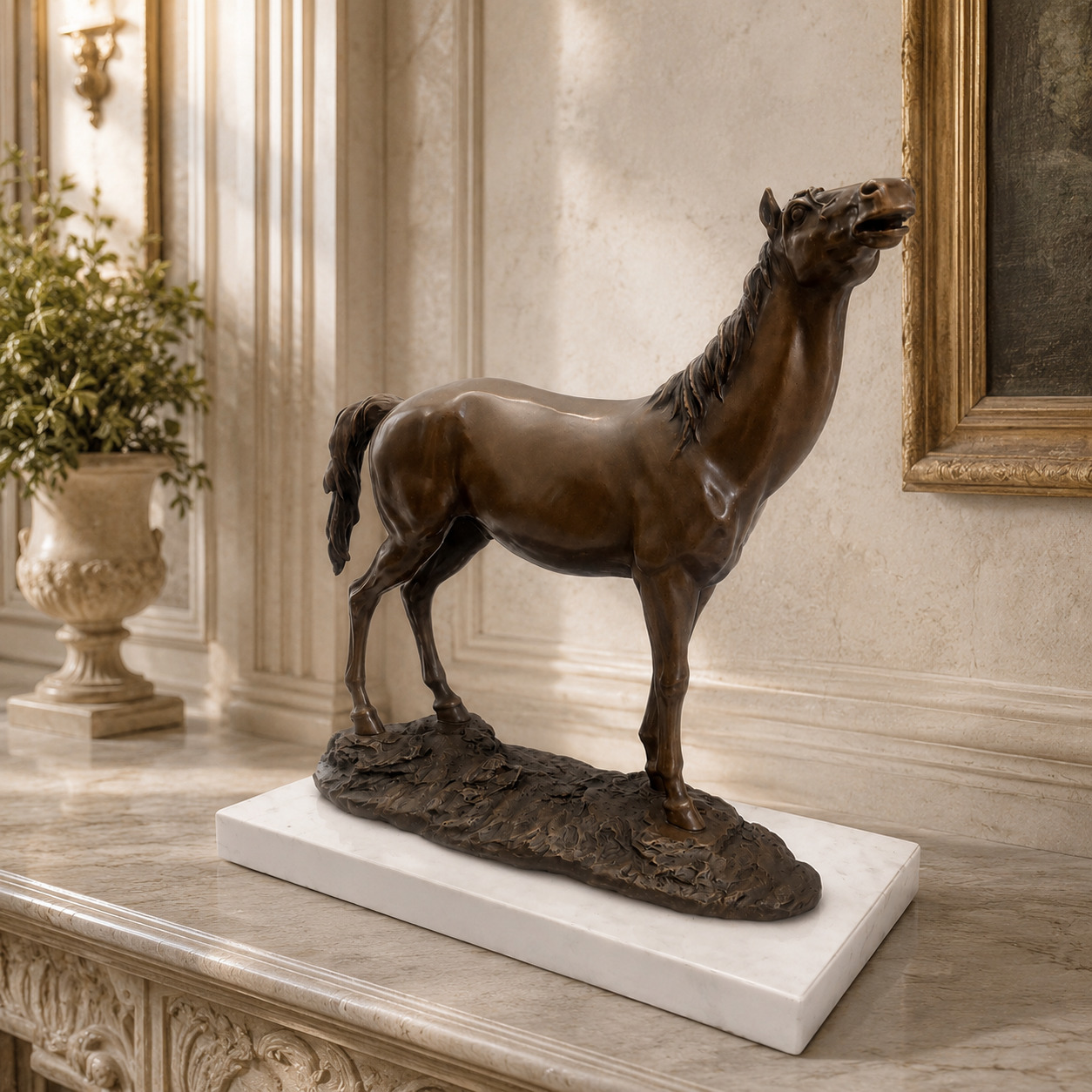 Aufschauendes Pferd aus Bronze – Stimmungsbild in klassischem Interieur auf weißem Marmorsockel – 2