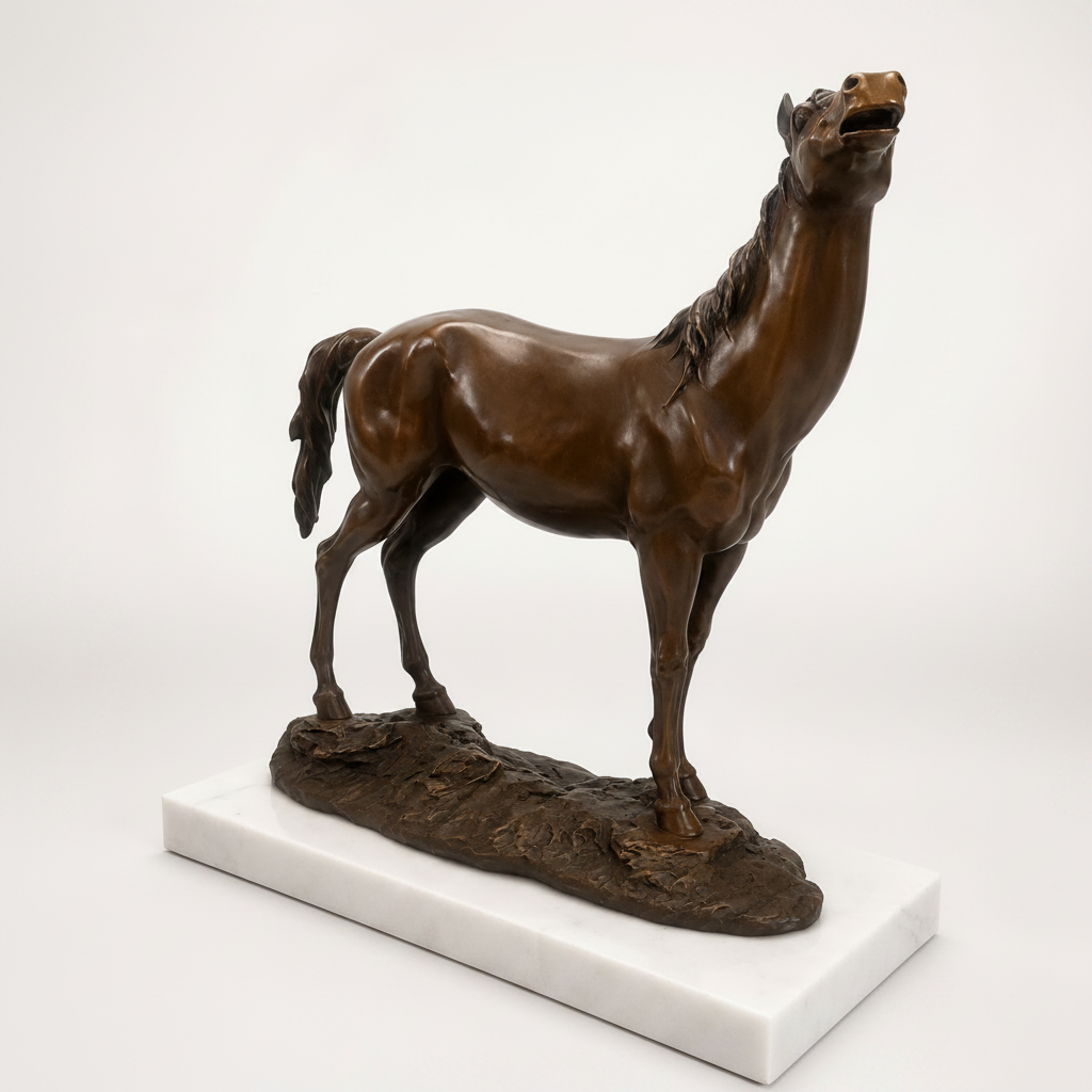 Aufschauendes Pferd aus Bronze – weitere Seitenansicht mit aufgerichtetem Hals auf Marmorsockel – 9