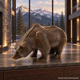 KI-generiertes Stimmungsbild der Braunbär-Skulptur aus Bronze in einer luxuriösen kanadischen Lodge
