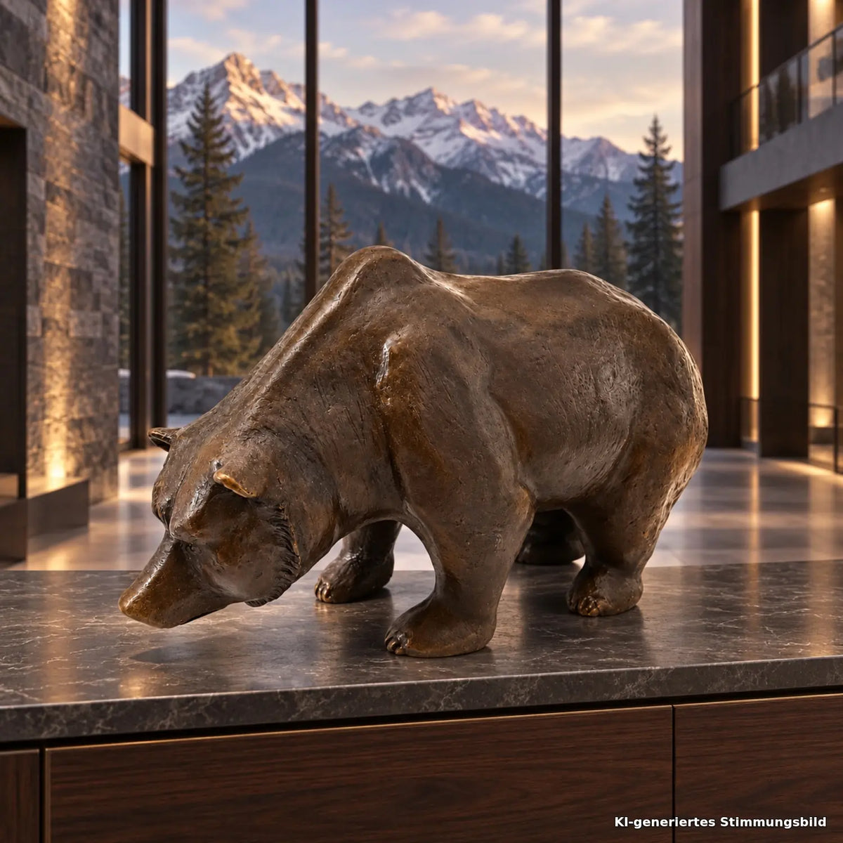 KI-generiertes Stimmungsbild der Braunbär-Skulptur aus Bronze in einer luxuriösen kanadischen Lodge