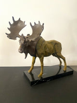 Bronze moose multi-colored patinated - artist signature on marble base