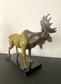 Bronze moose multi-colored patinated - artist signature on marble base