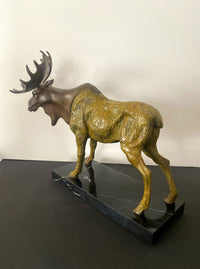 Bronze moose multi-colored patinated - artist signature on marble base