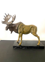 Bronze moose multi-colored patinated - artist signature on marble base