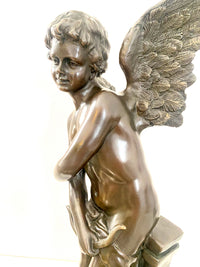 Sculpture ange Cupidon en bronze signée Moreau sur socle en marbre