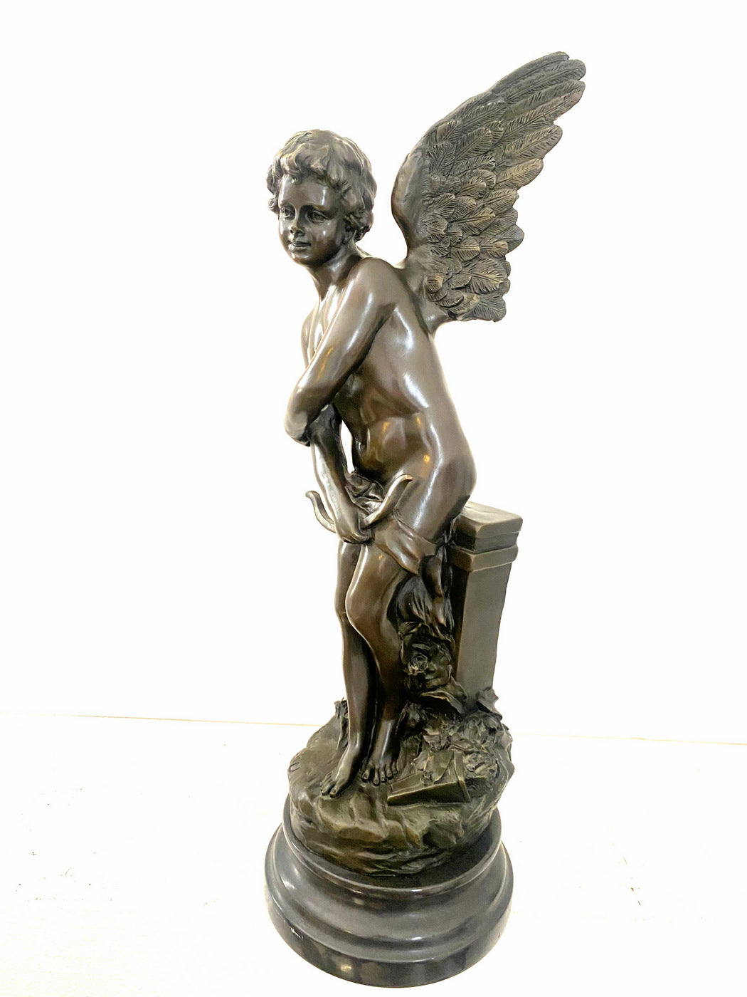 Amor Angel Sculpture Bronze Figure Signed Moreau on Marble Base