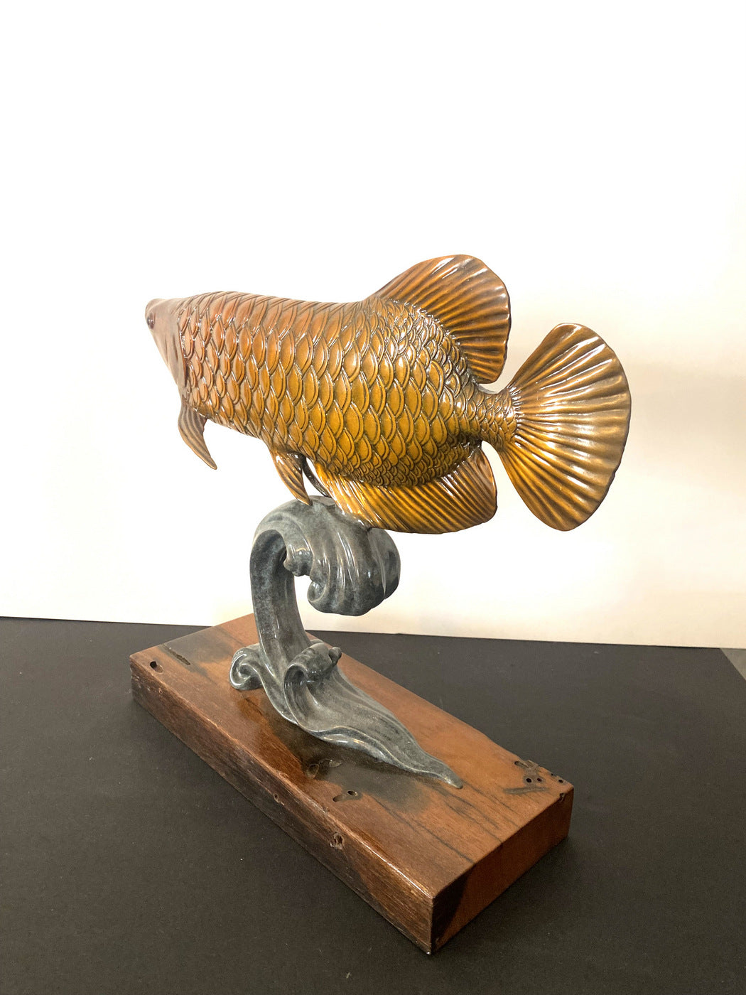 Animal sculpture bronze fish bronze figure on antique wooden base signed