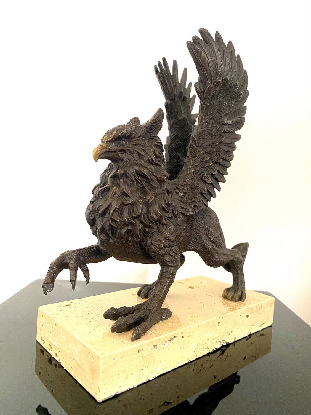 Mythology mythical creature bronze figure griffin on travertine base 1.5 kg