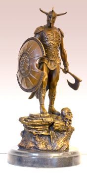 Mythology Death Dealer Bronze Figure with Axe and Shield on Marble Base