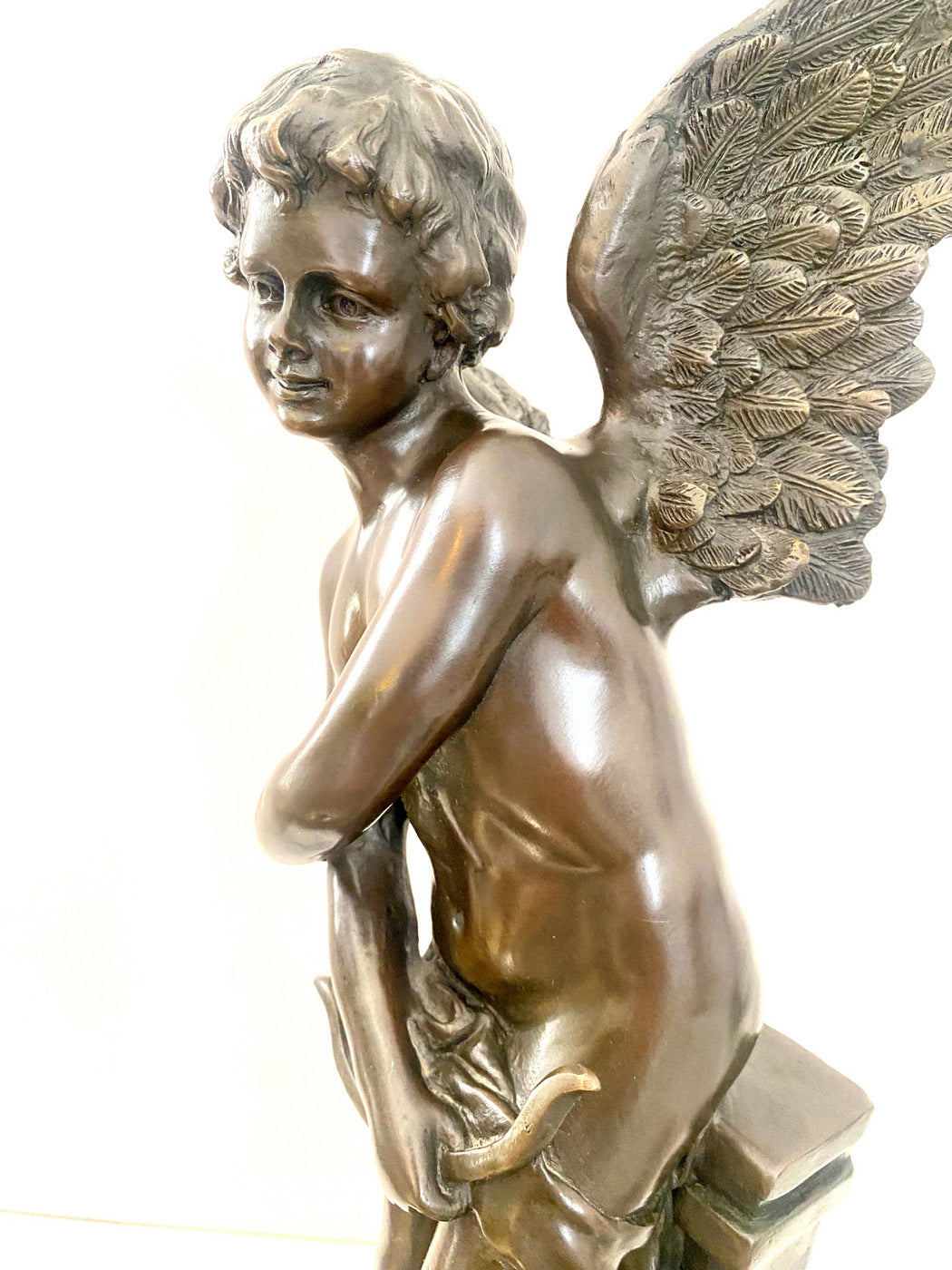 Amor Angel Sculpture Bronze Figure Signed Moreau on Marble Base