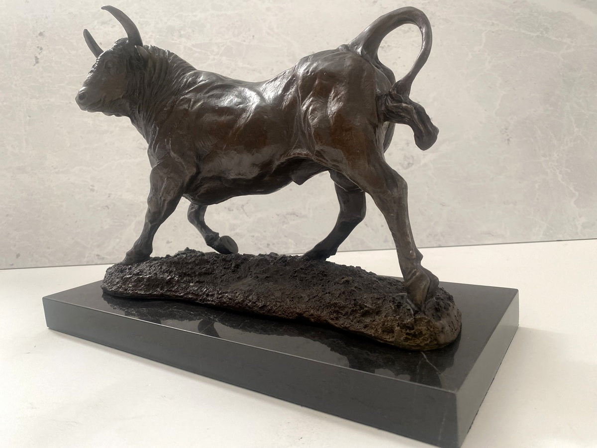 Bronze bull on marble base with artist signature classic patinated