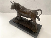 Bronze bull on marble base with artist signature classic patinated