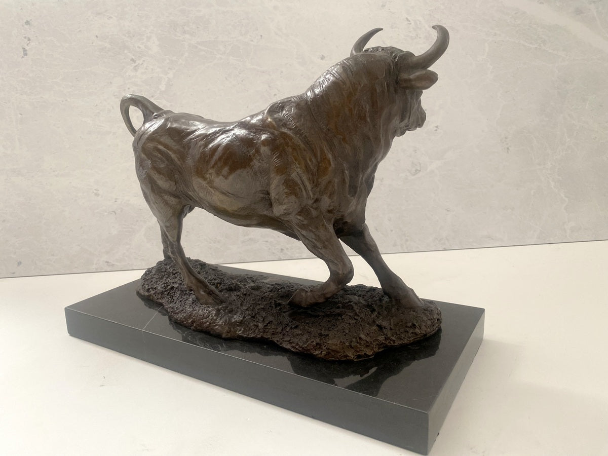 Bronze bull on marble base with artist signature classic patinated