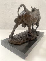 Bronze bull on marble base with artist signature classic patinated