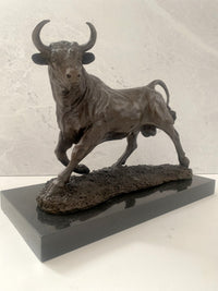 Bronze bull on marble base with artist signature classic patinated