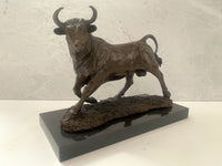 Bronze bull on marble base with artist signature classic patinated