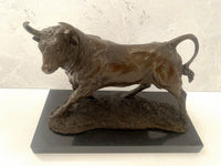 Bronze bull on marble base with artist signature classic patinated