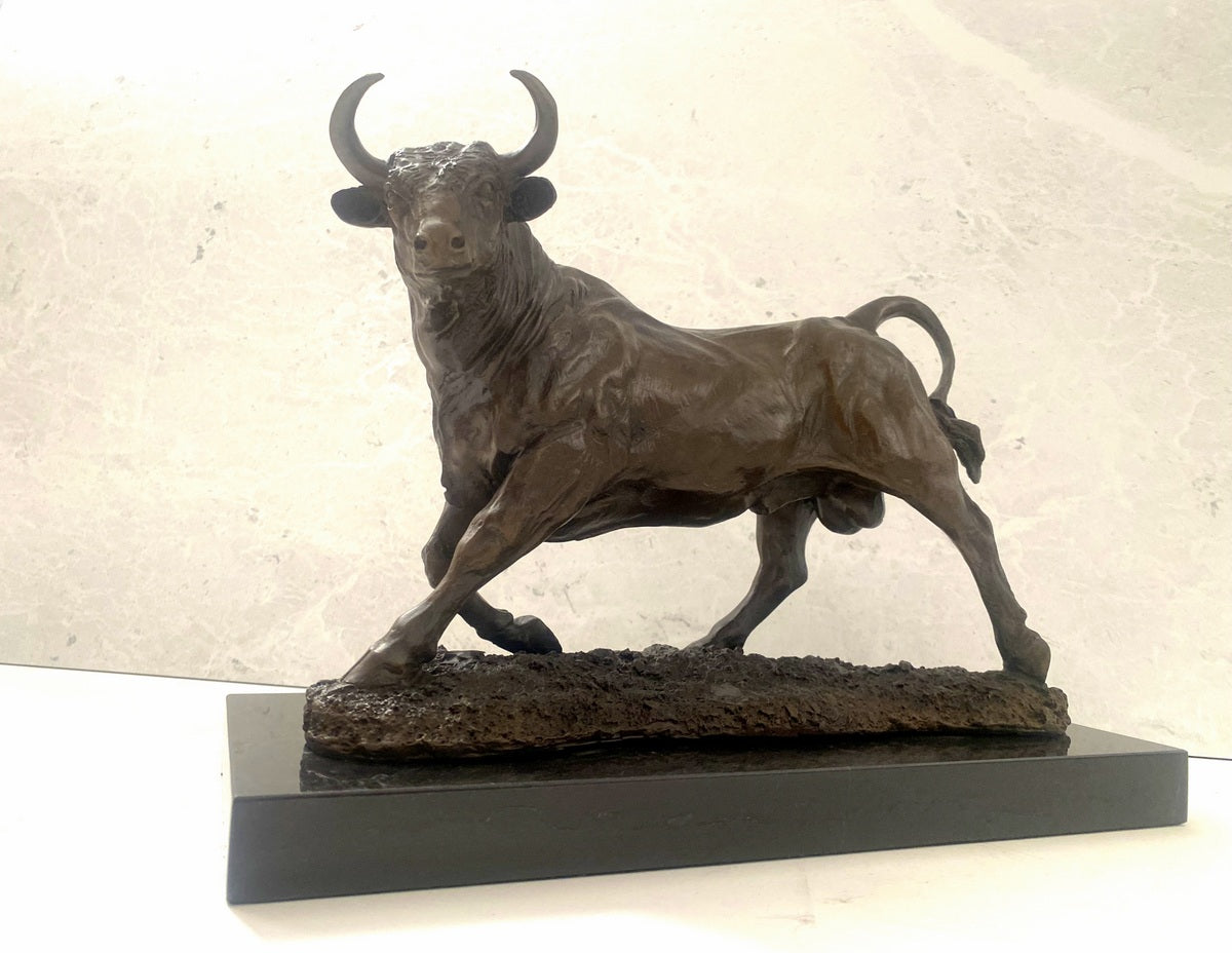 Bronze bull on marble base with artist signature classic patinated