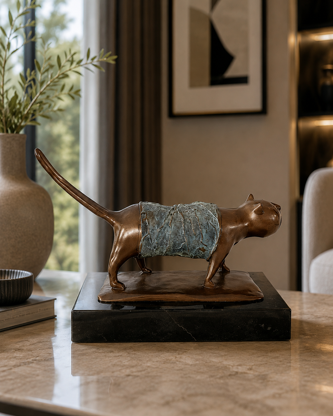 Bronze Katze auf Marmorsockel – dekorative Katzenskulptur im modernen Wohnambiente Stimmungsbild