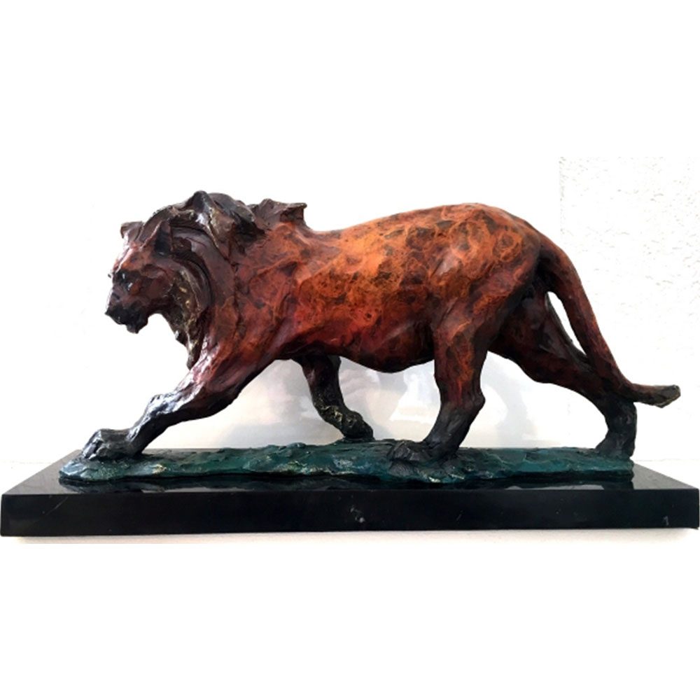 Bronze lion signed Bugatti on marble cast bronze figure