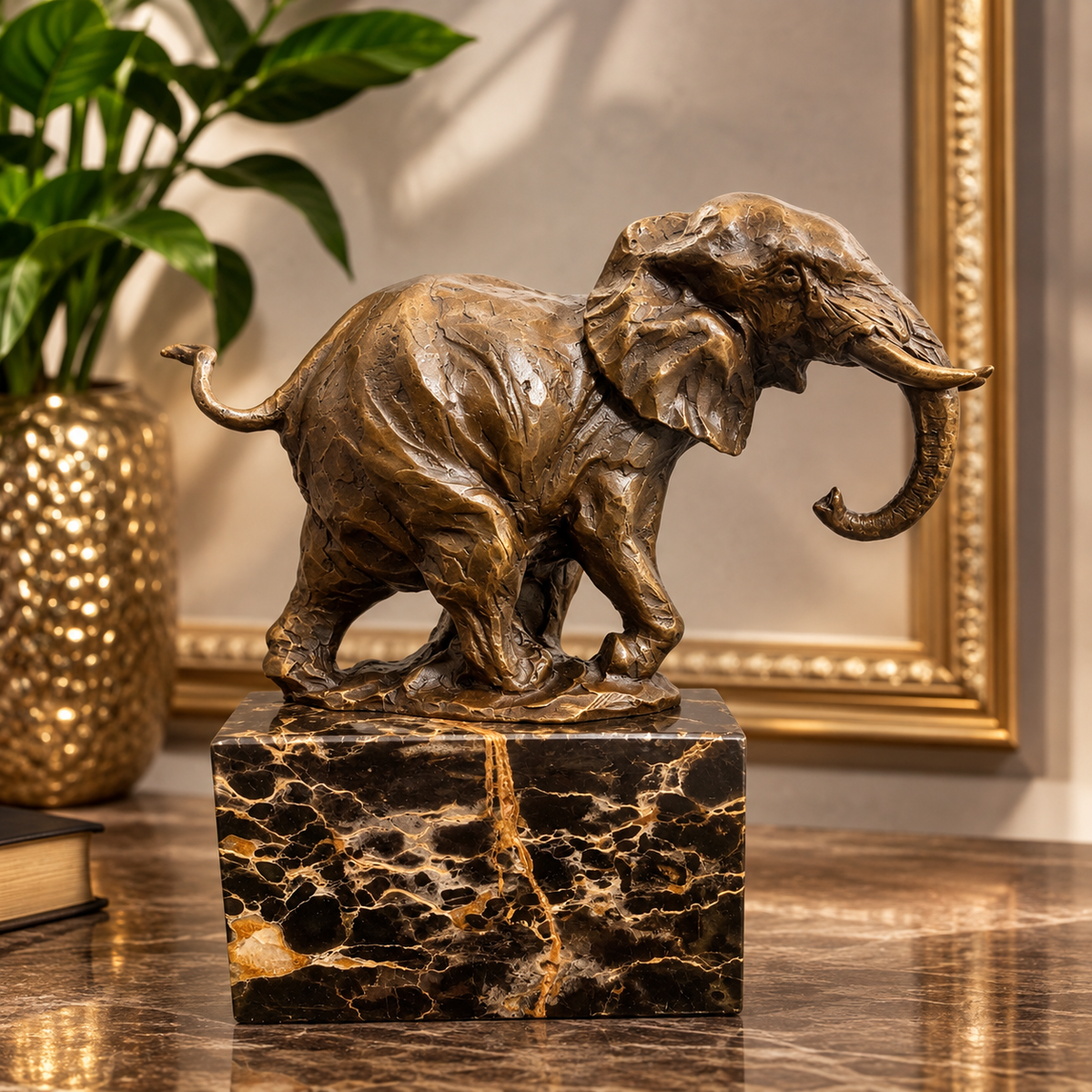Elefant Figur aus Bronze – Bronzeskulptur auf Marmorsockel signiert Milo