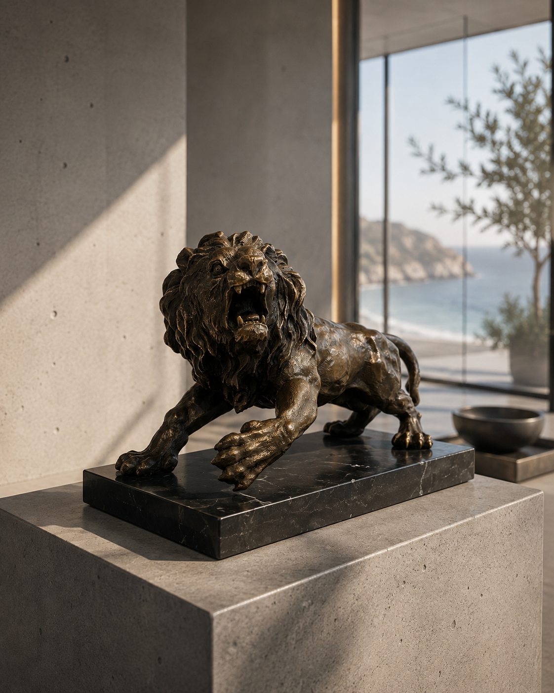 Löwe Figur aus Bronze nach Giambologna auf Marmorsockel – Stimmungsbild