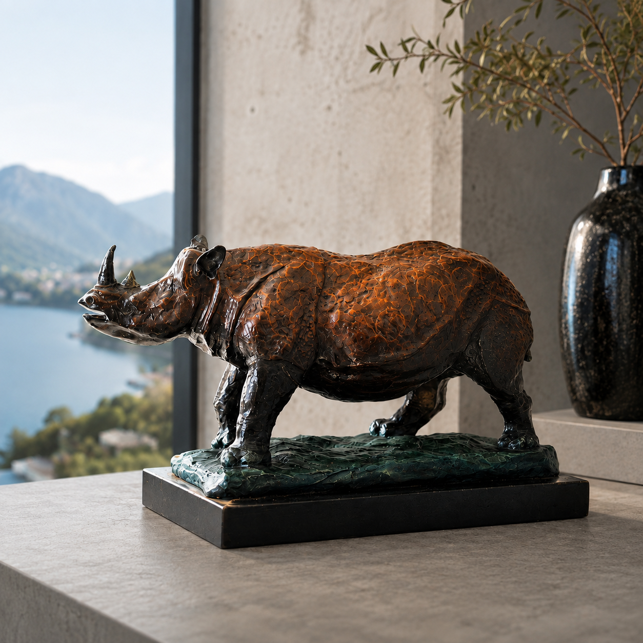 Bronze Nashorn im modernen Stimmungsbild – Tierfigur auf Marmorsockel