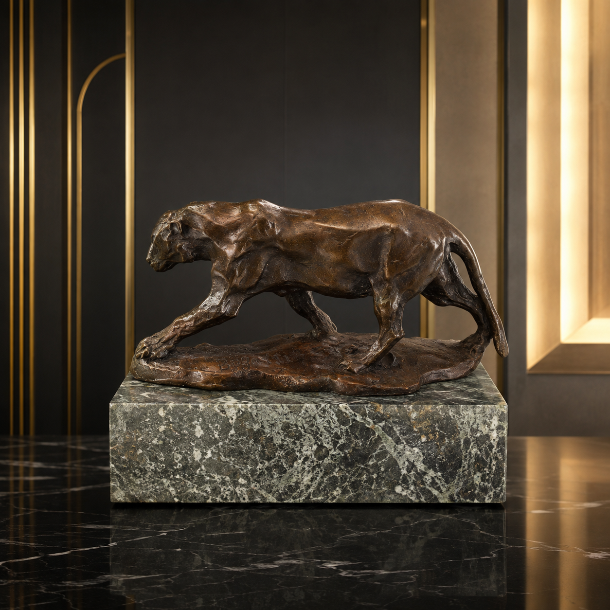anther Skulptur aus Bronze – Tierfigur nach Rembrandt Bugatti auf Marmorsockel