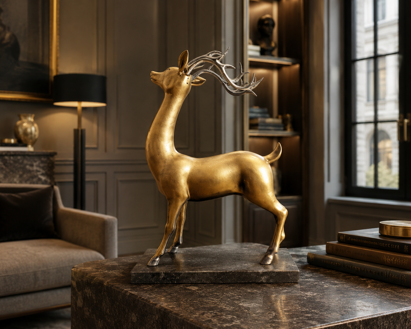 Hirsch Skulptur aus Bronze – Stimmungsbild im eleganten Wohnambiente