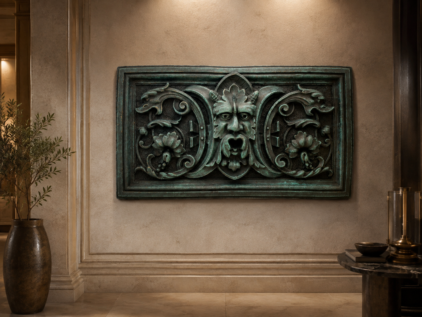 Bronze Relief mit Patina – dekoratives Wandobjekt für Wohnraum und Flur-timmungsbild