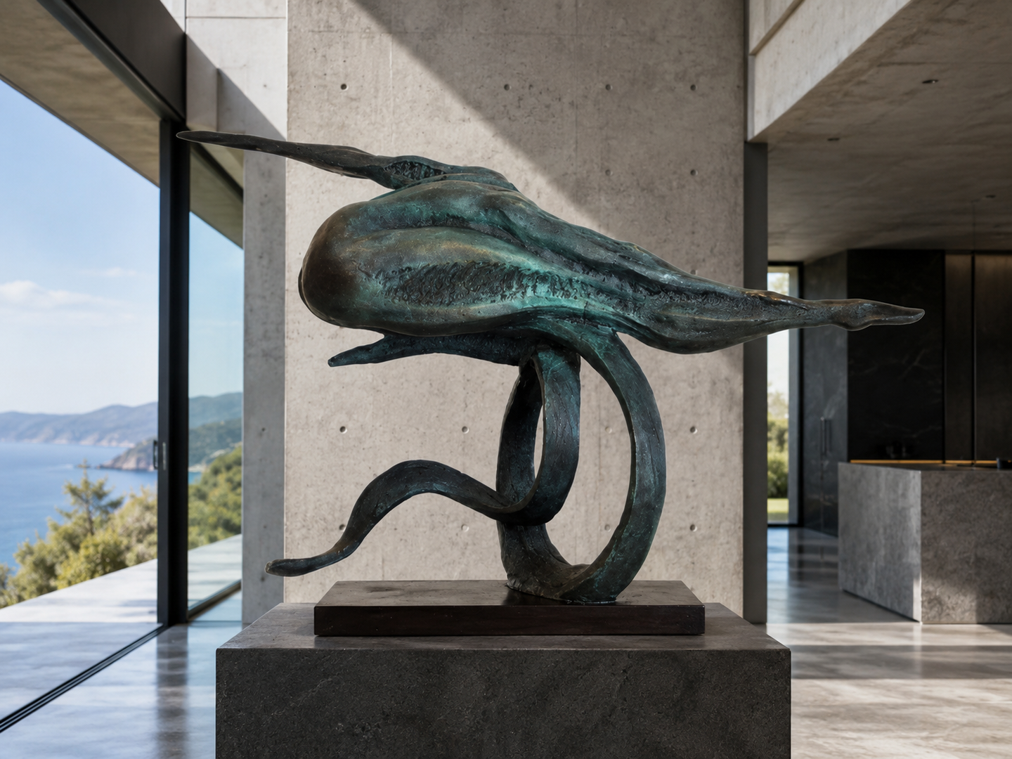 Abstrakte Bronze Akt Skulptur – Stimmungsbild im modernen Beton-Glas-Interieur