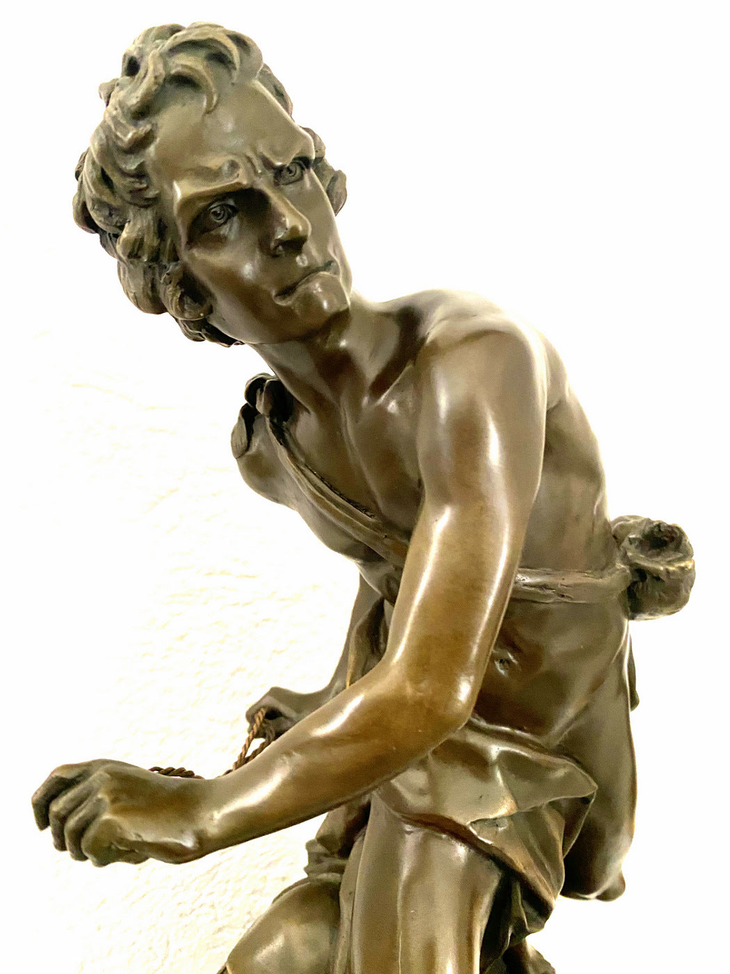 David with slingshot bronze figure on marble base signed